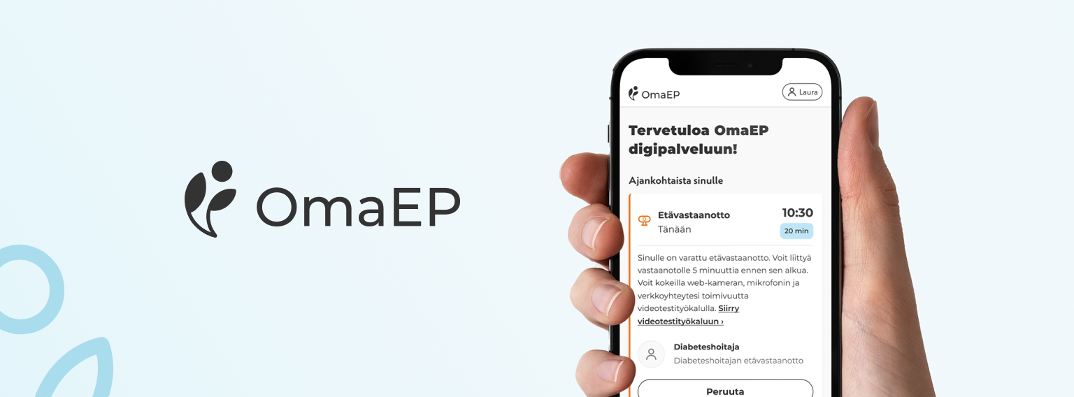 OmaEP-logo ja käsi, joka pitää puhelinta. Puhelimen näytöllä näkyy OmaEP-palvelun etusivu.